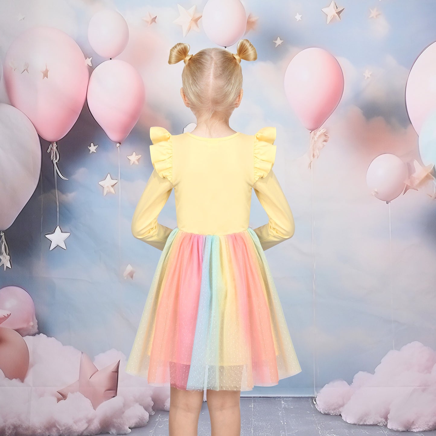 Girls Dress Sequin Stripe Ruffle Fairy Rainbow Colorful Long Sleeve Yellow