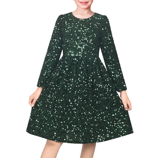 Girls Dress Emerald Sparkle Sequin Long Sleeve Christmas Holiday New Year Celebration Green
