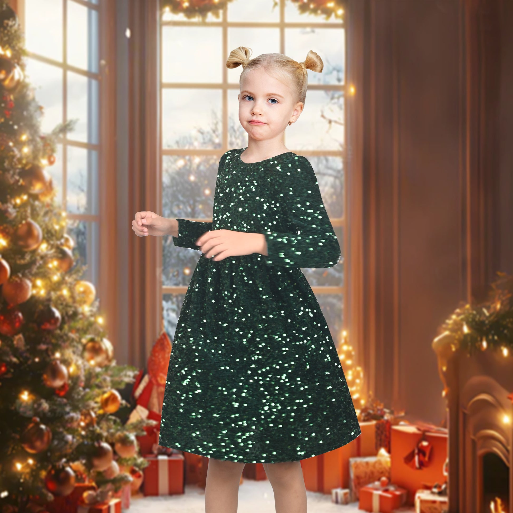 Girls Dress Emerald Sparkle Sequin Long Sleeve Christmas Holiday New Year Celebration Green