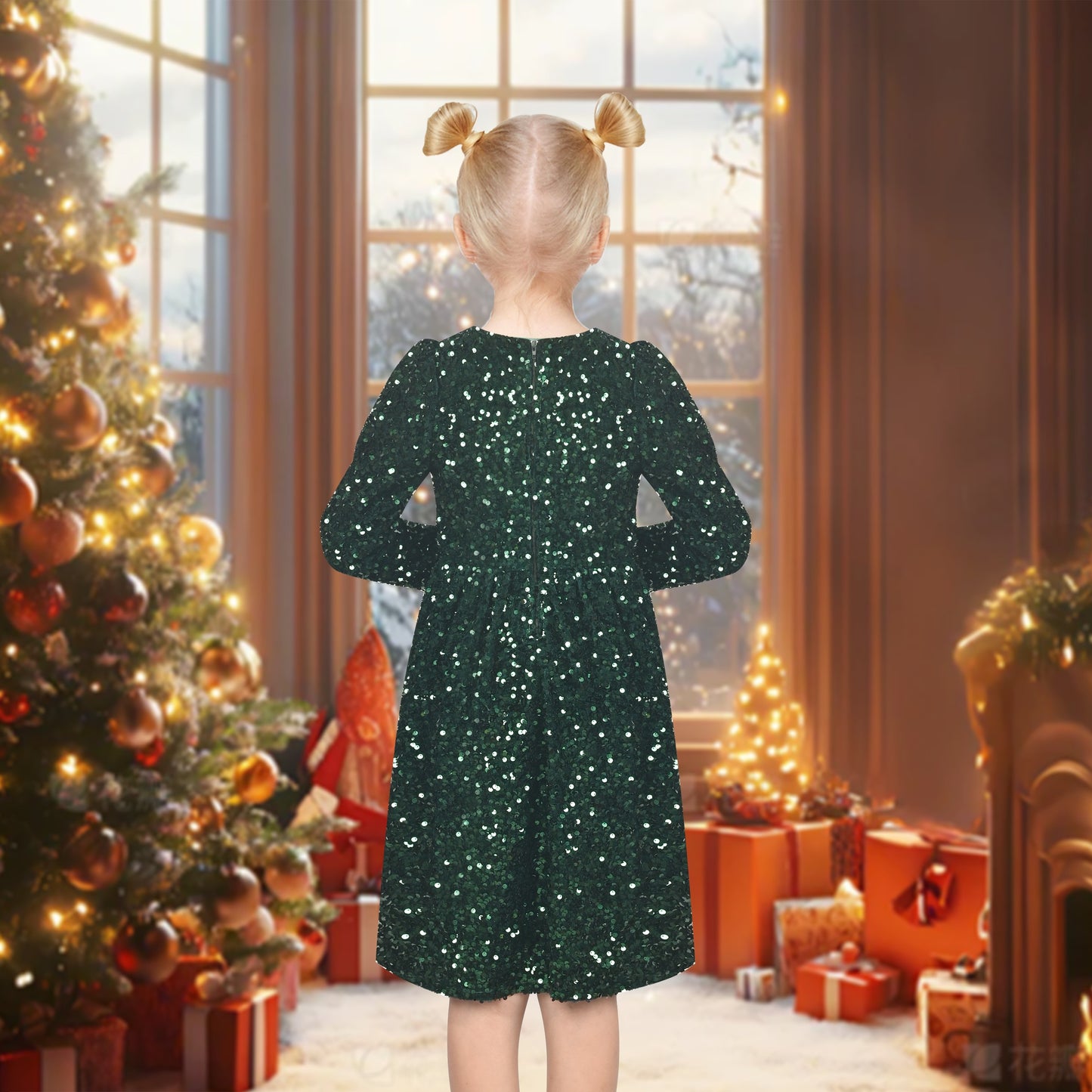 Girls Dress Emerald Sparkle Sequin Long Sleeve Christmas Holiday New Year Celebration Green
