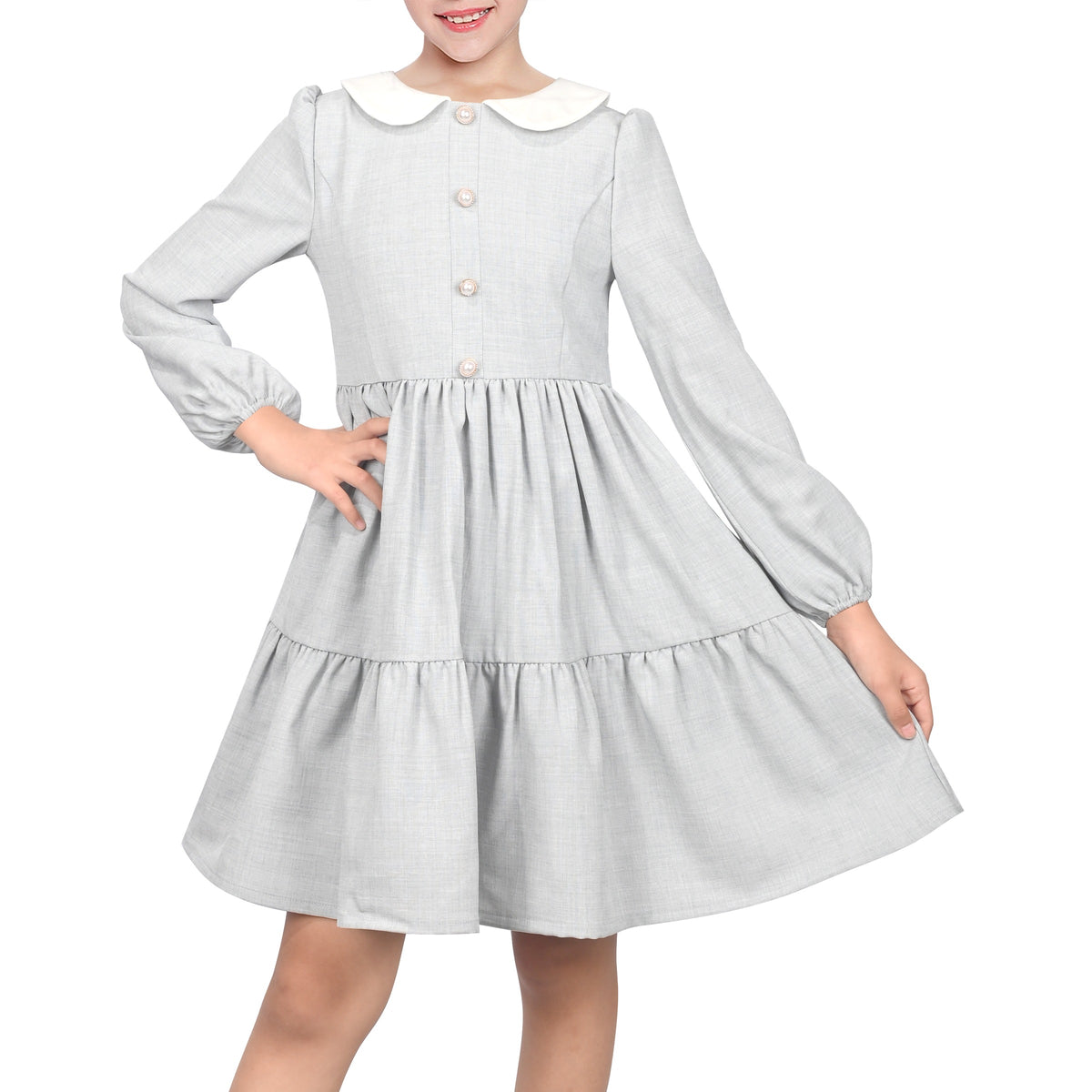 Girls Dress White Collar Back School Cotton Casual - Light Gray