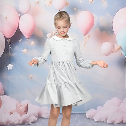 Girls Dress White Collar Back School Cotton Casual - Light Gray