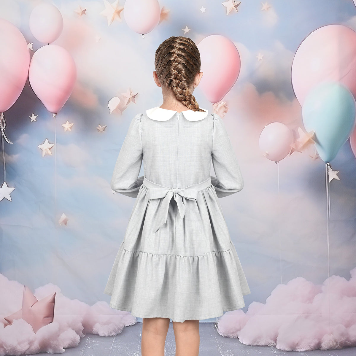 Girls Dress White Collar Back School Cotton Casual - Light Gray
