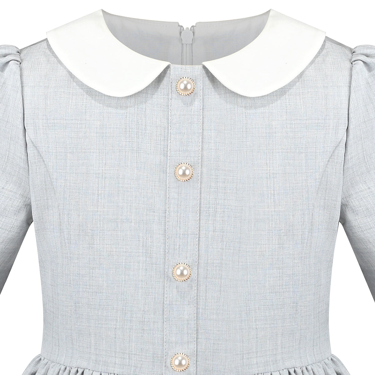 Girls Dress White Collar Back School Cotton Casual - Light Gray
