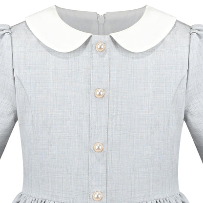Girls Dress White Collar Back School Cotton Casual - Light Gray