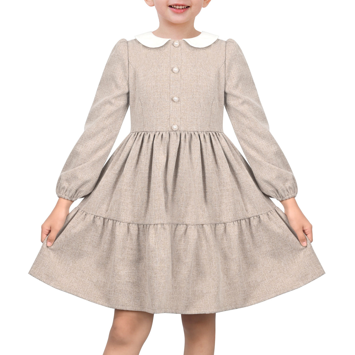 Girls Dress White Collar Back School Cotton Casual - Light Brown