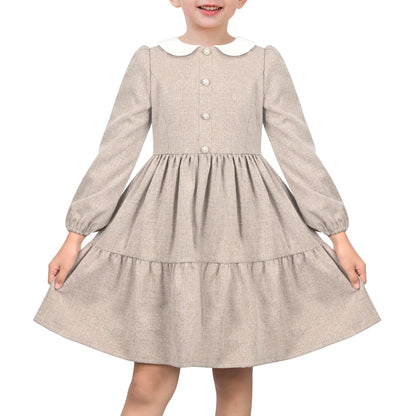 Girls Dress White Collar Back School Cotton Casual - Light Brown