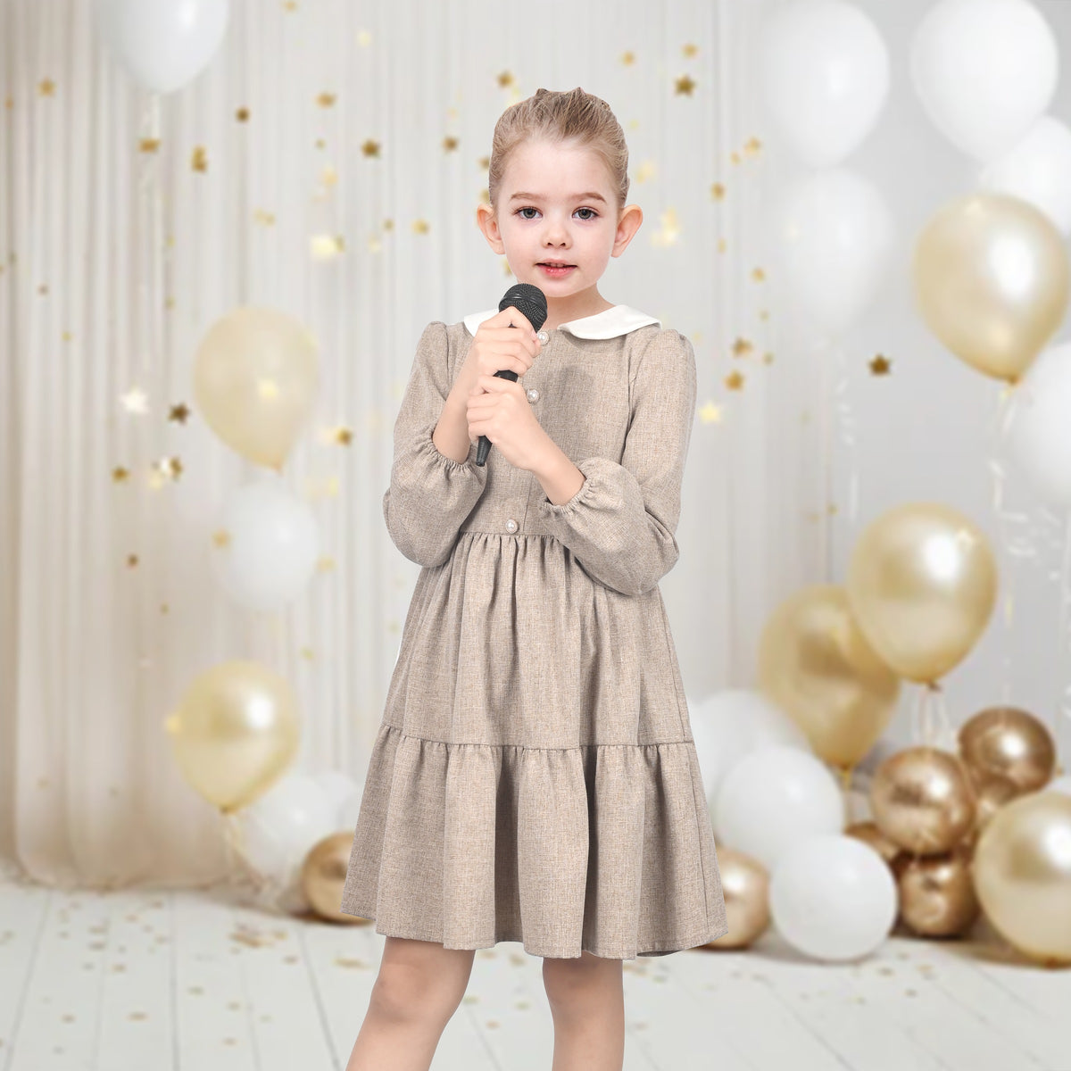 Girls Dress White Collar Back School Cotton Casual - Light Brown
