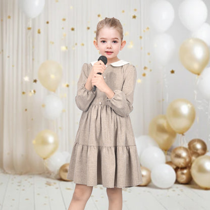 Girls Dress White Collar Back School Cotton Casual - Light Brown