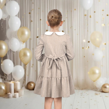 Girls Dress White Collar Back School Cotton Casual - Light Brown