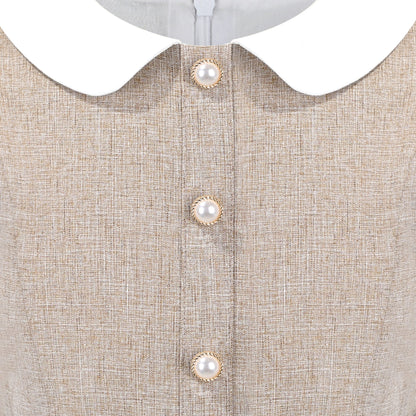 Girls Dress White Collar Back School Cotton Casual - Light Brown