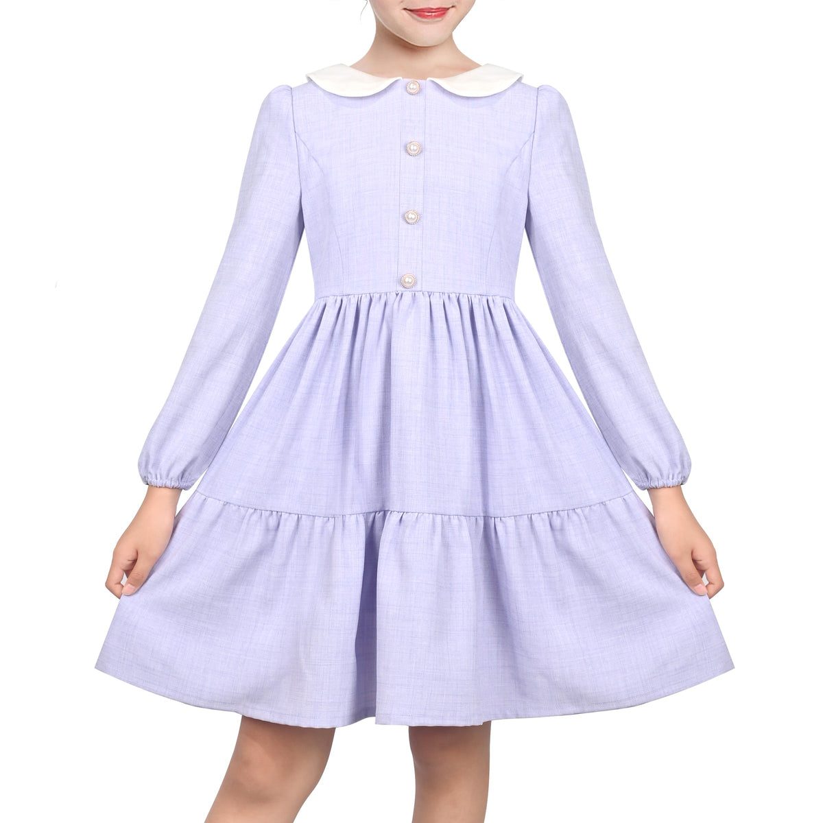 Girls Dress White Collar Back School Cotton Casual - Light Purple