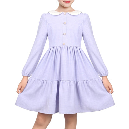 Girls Dress White Collar Back School Cotton Casual - Light Purple
