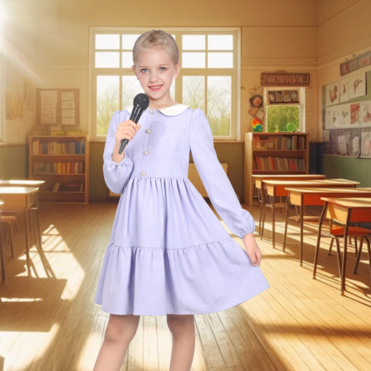 Girls Dress White Collar Back School Cotton Casual - Light Purple