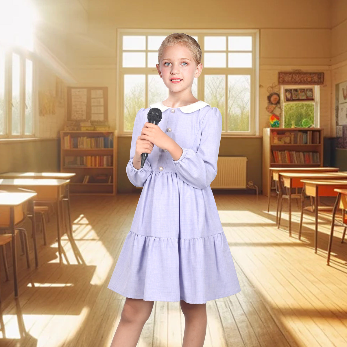 Girls Dress White Collar Back School Cotton Casual - Light Purple