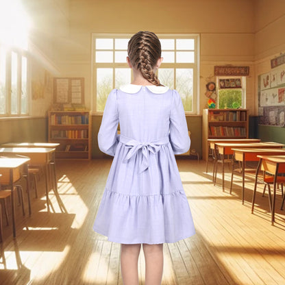 Girls Dress White Collar Back School Cotton Casual - Light Purple