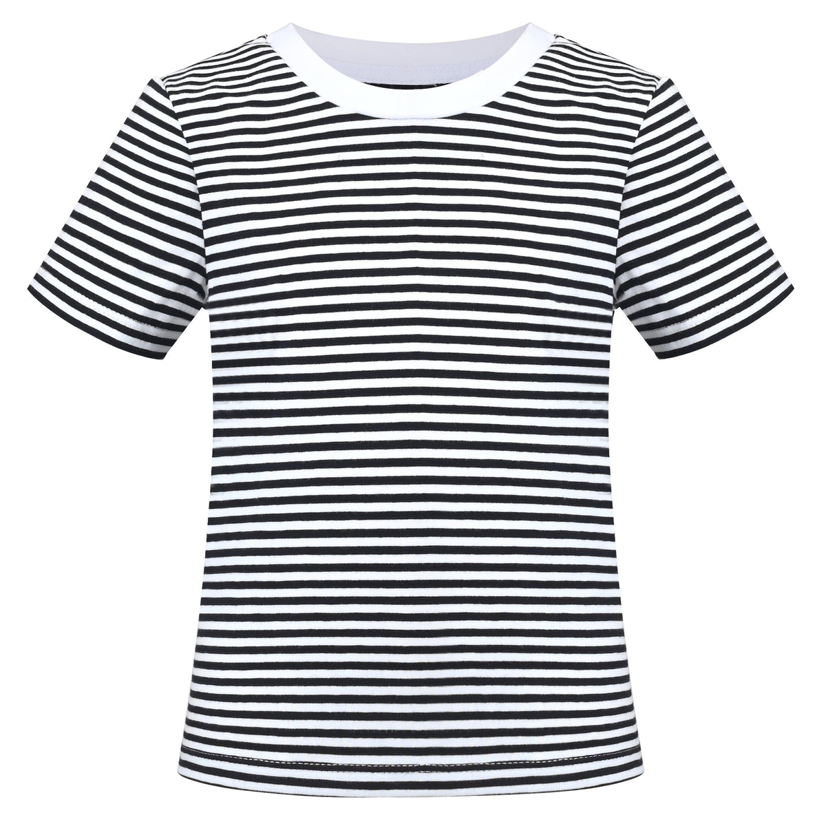 Girls T-shirt Crop Top Pink Lettuce Trim Ribbed Knit Crewneck Daily - Black Striped