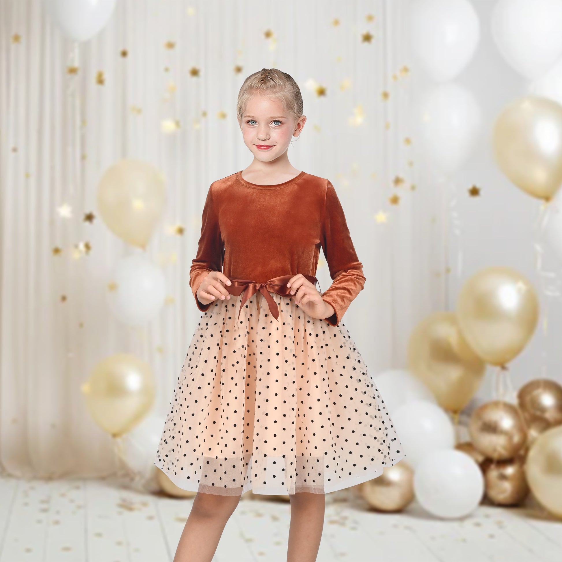 Girls Dress Rust Copper Velvet Polka Dot Plain Tulle Vintage Twirly Fall Holiday Brown