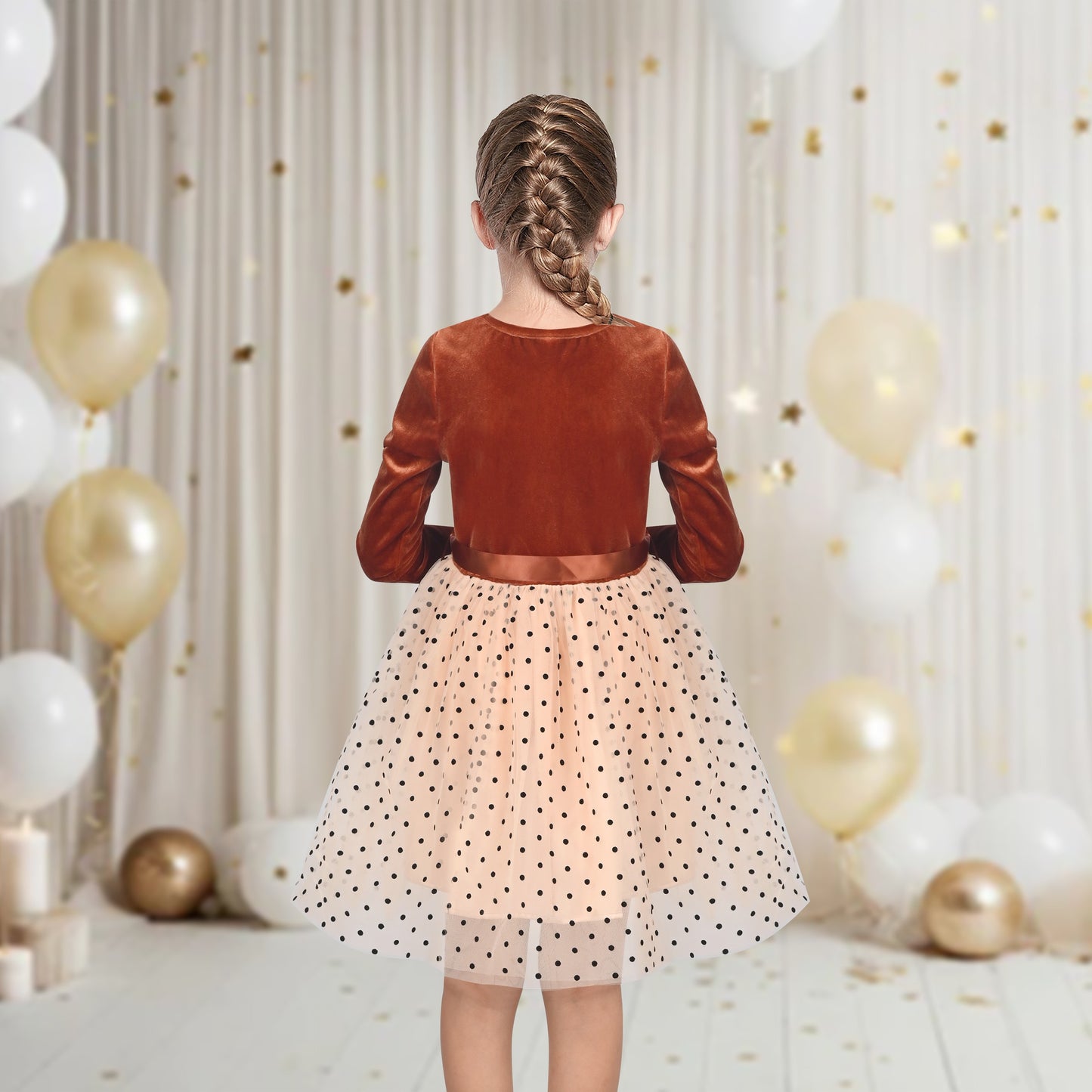 Girls Dress Rust Copper Velvet Polka Dot Plain Tulle Vintage Twirly Fall Holiday Brown
