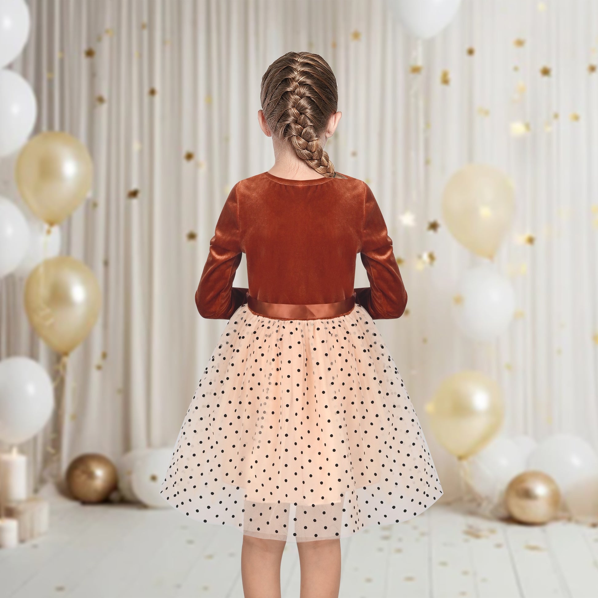 Girls Dress Rust Copper Velvet Polka Dot Plain Tulle Vintage Twirly Fall Holiday Brown