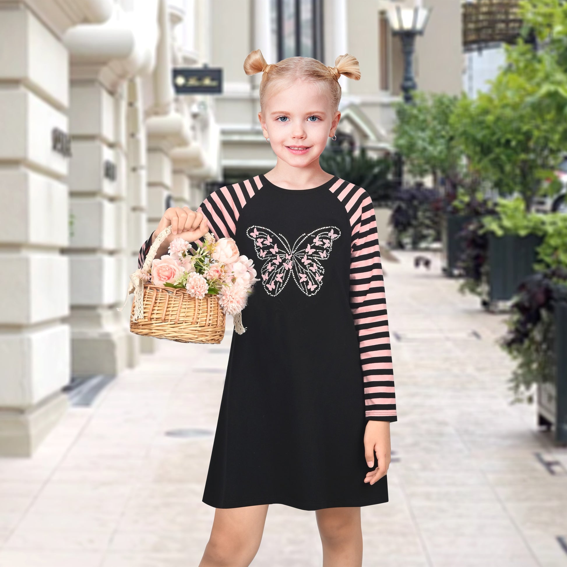 Girls Dress Christmas Santa Pink Cotton Long Sleeve Black