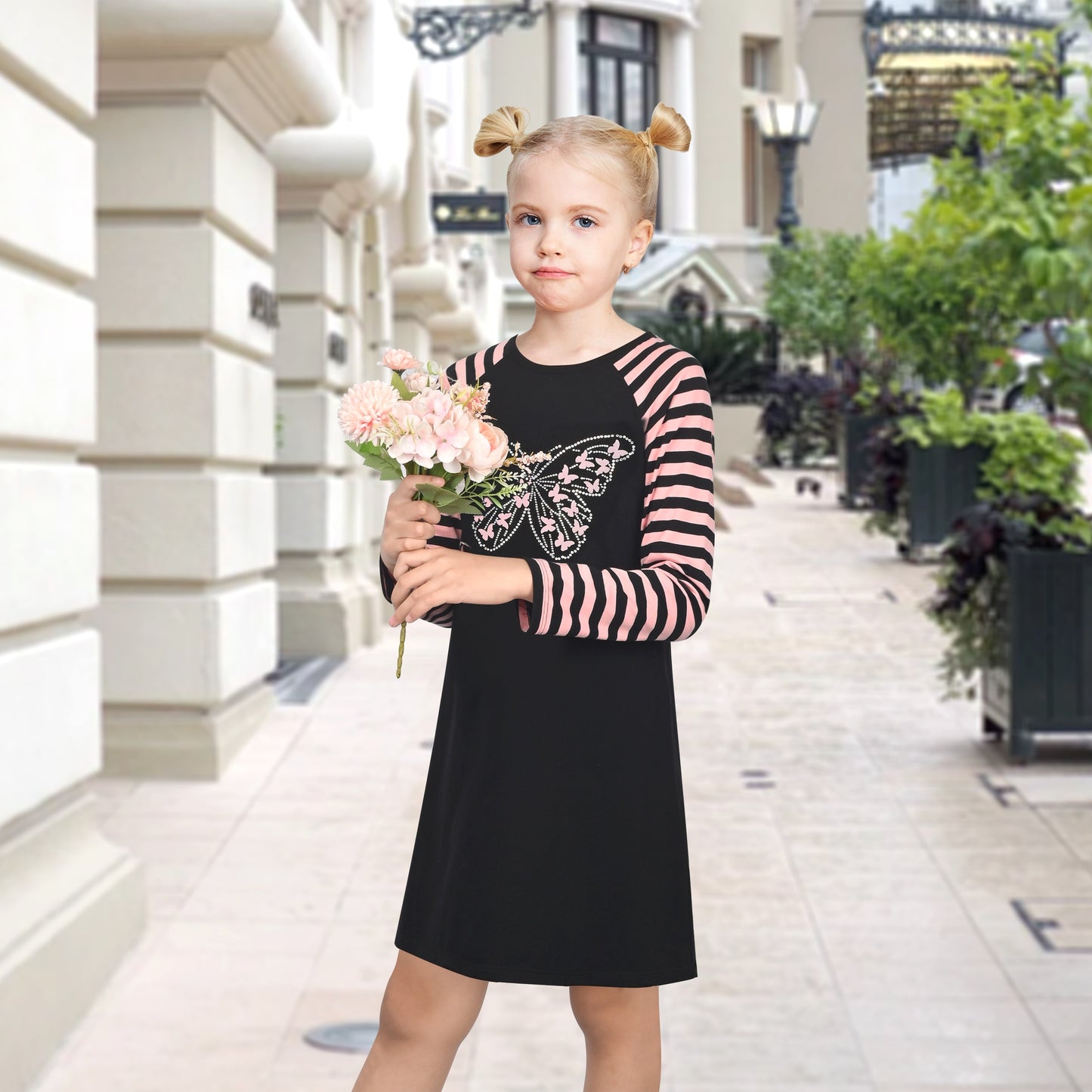 Girls Dress Christmas Santa Pink Cotton Long Sleeve Black