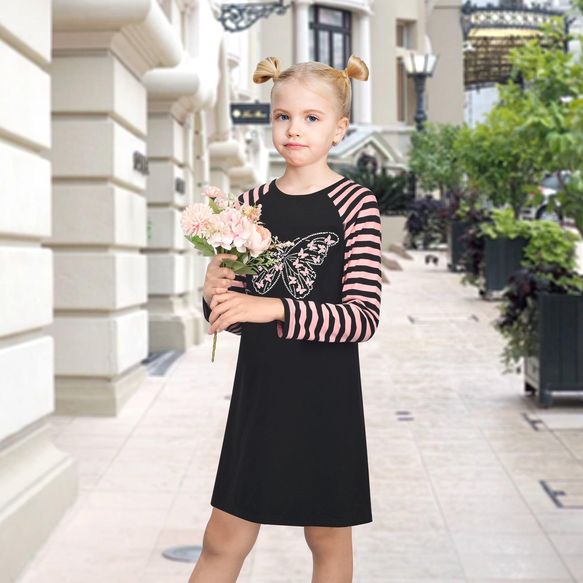 Girls Dress Christmas Santa Pink Cotton Long Sleeve Black