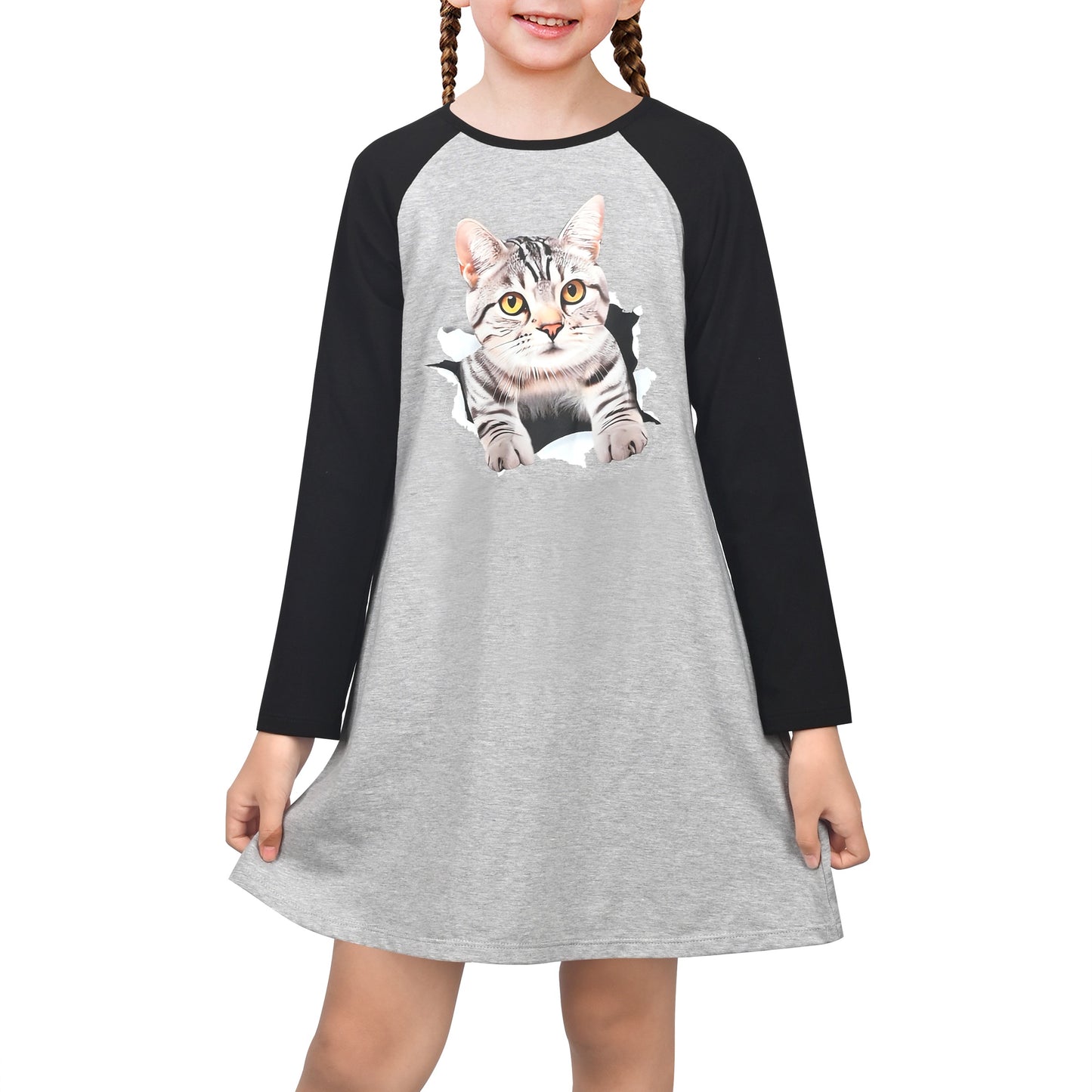 Girls Dress Christmas Santa Pink Cotton Long Sleeve Gray