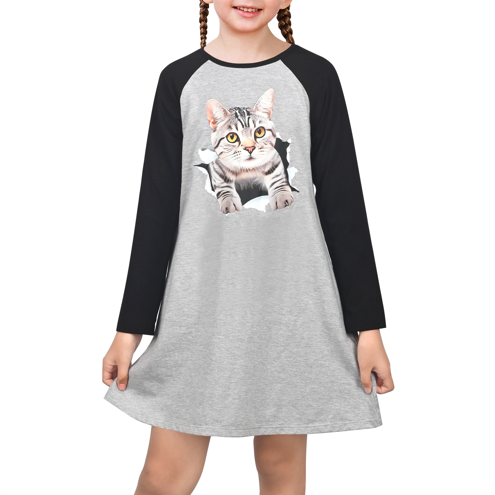 Girls Dress Christmas Santa Pink Cotton Long Sleeve Gray