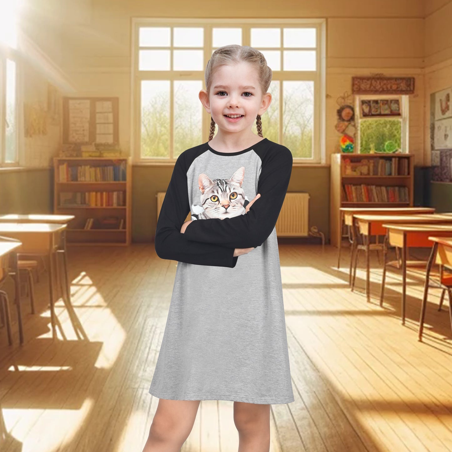 Girls Dress Christmas Santa Pink Cotton Long Sleeve Gray