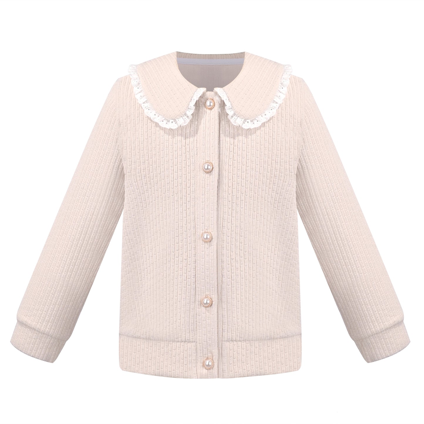 Girls Pink Top Tee Heart Button Ruffle Collar Long Sleeve Casual Beige