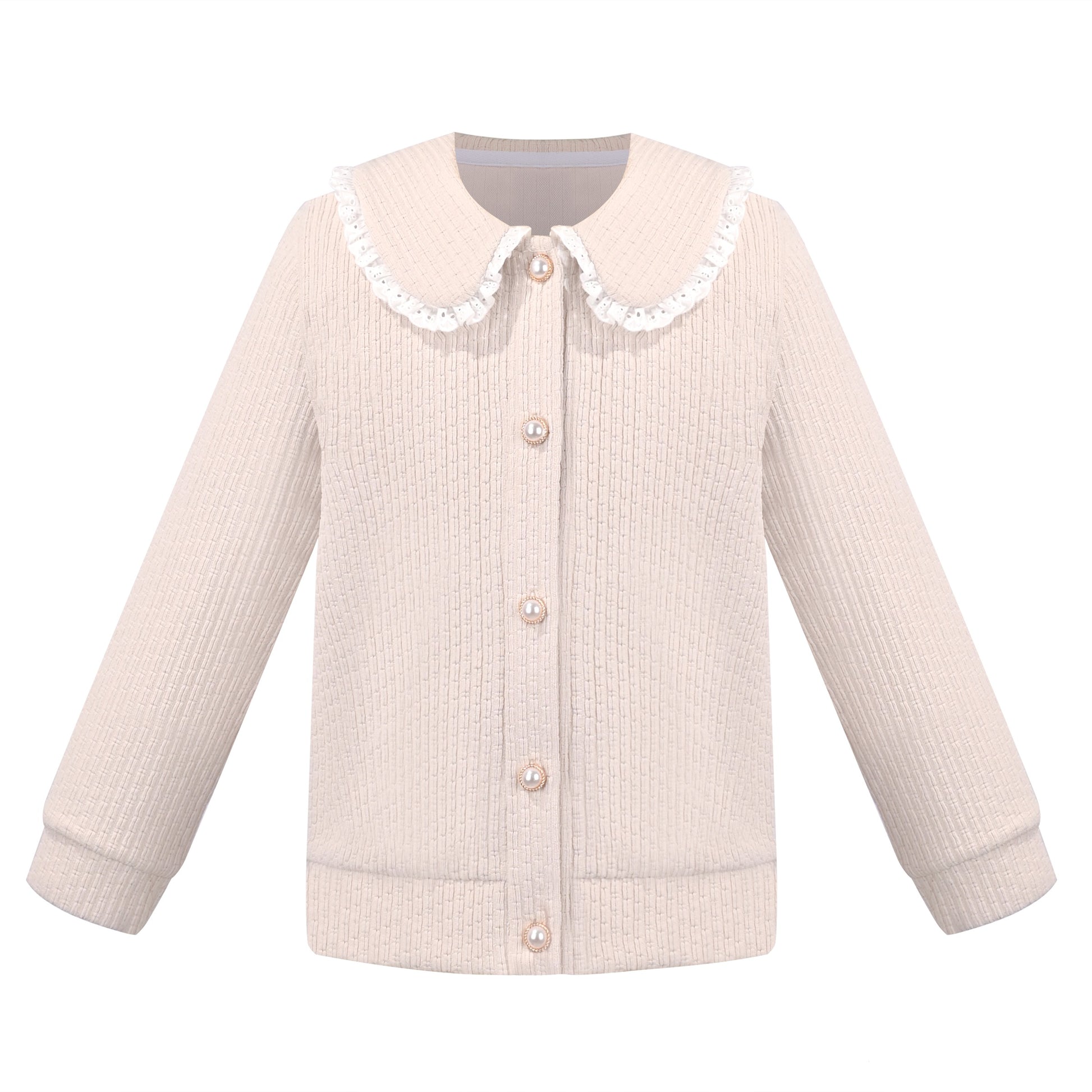 Girls Pink Top Tee Heart Button Ruffle Collar Long Sleeve Casual Beige