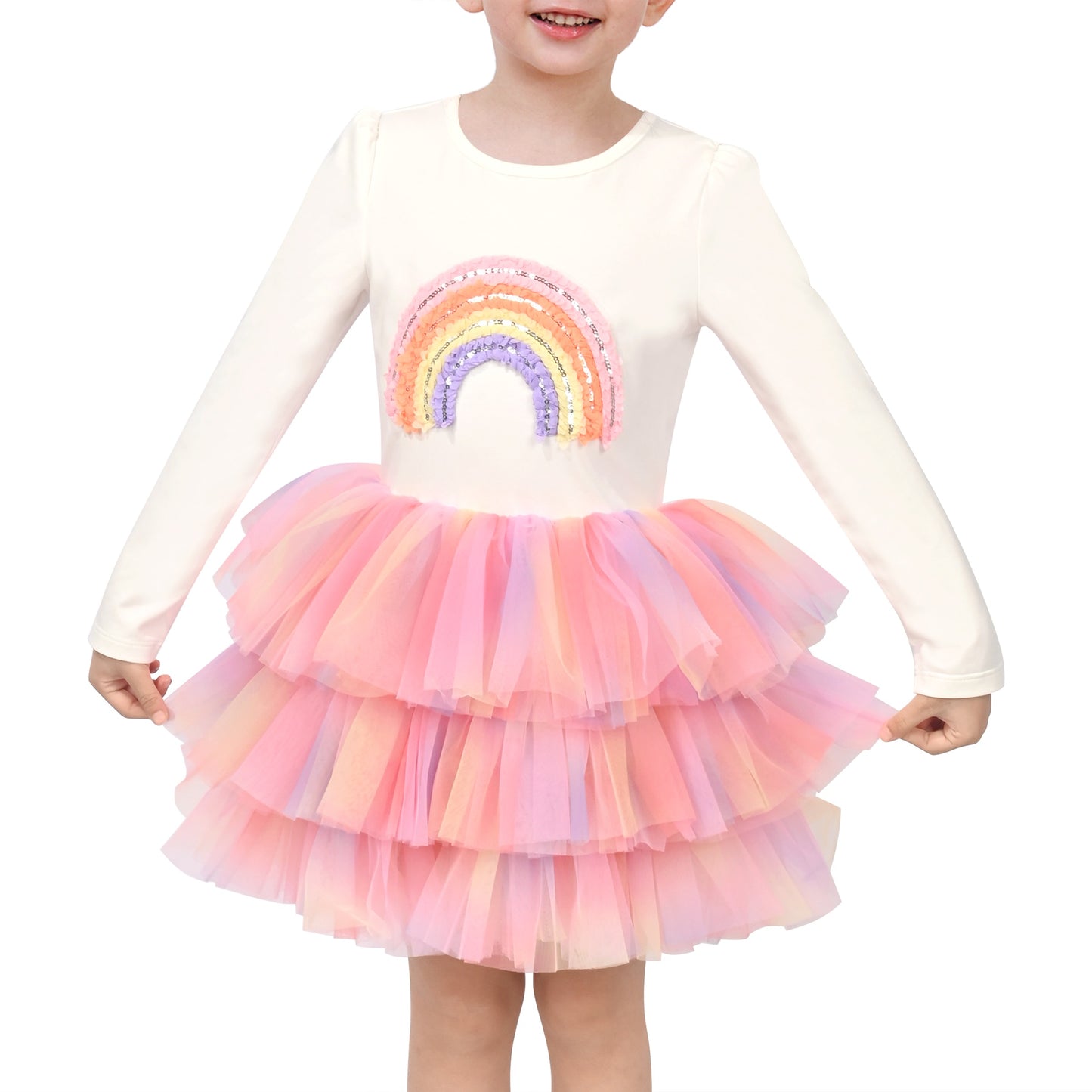 Girls Dress Sequin Stripe Ruffle Fairy Rainbow Colorful Long Sleeve Multi-Color