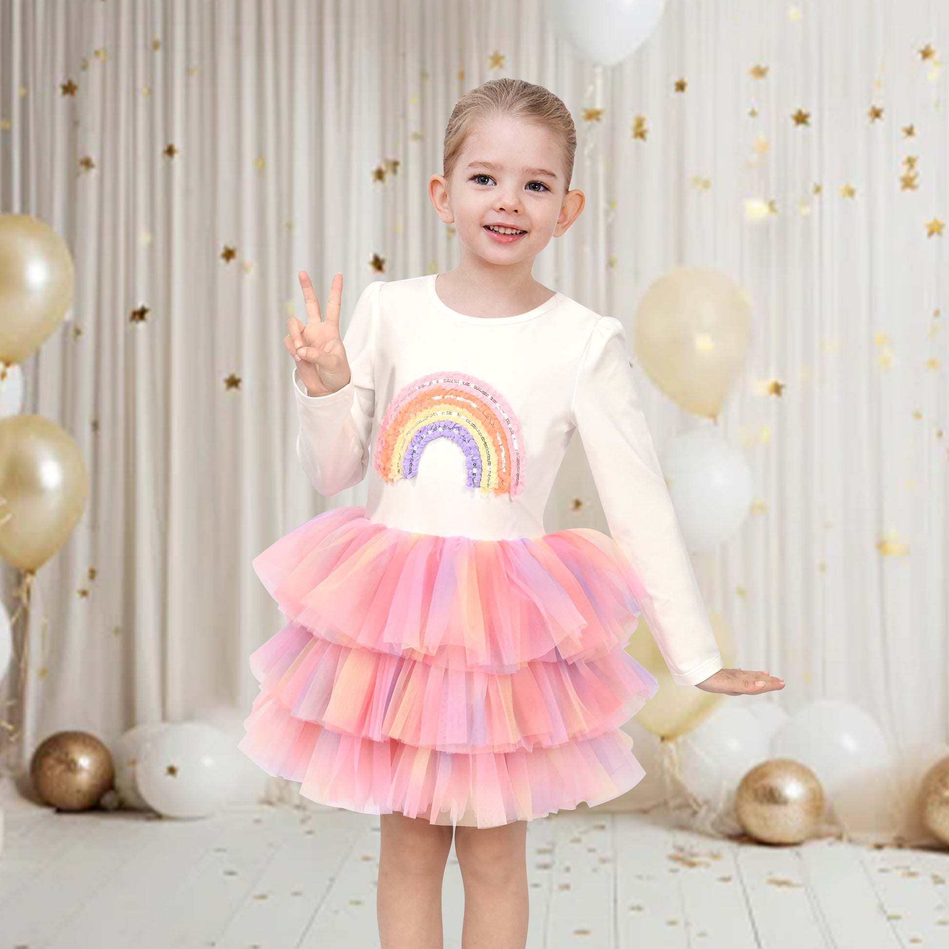 Girls Dress Sequin Stripe Ruffle Fairy Rainbow Colorful Long Sleeve Multi-Color