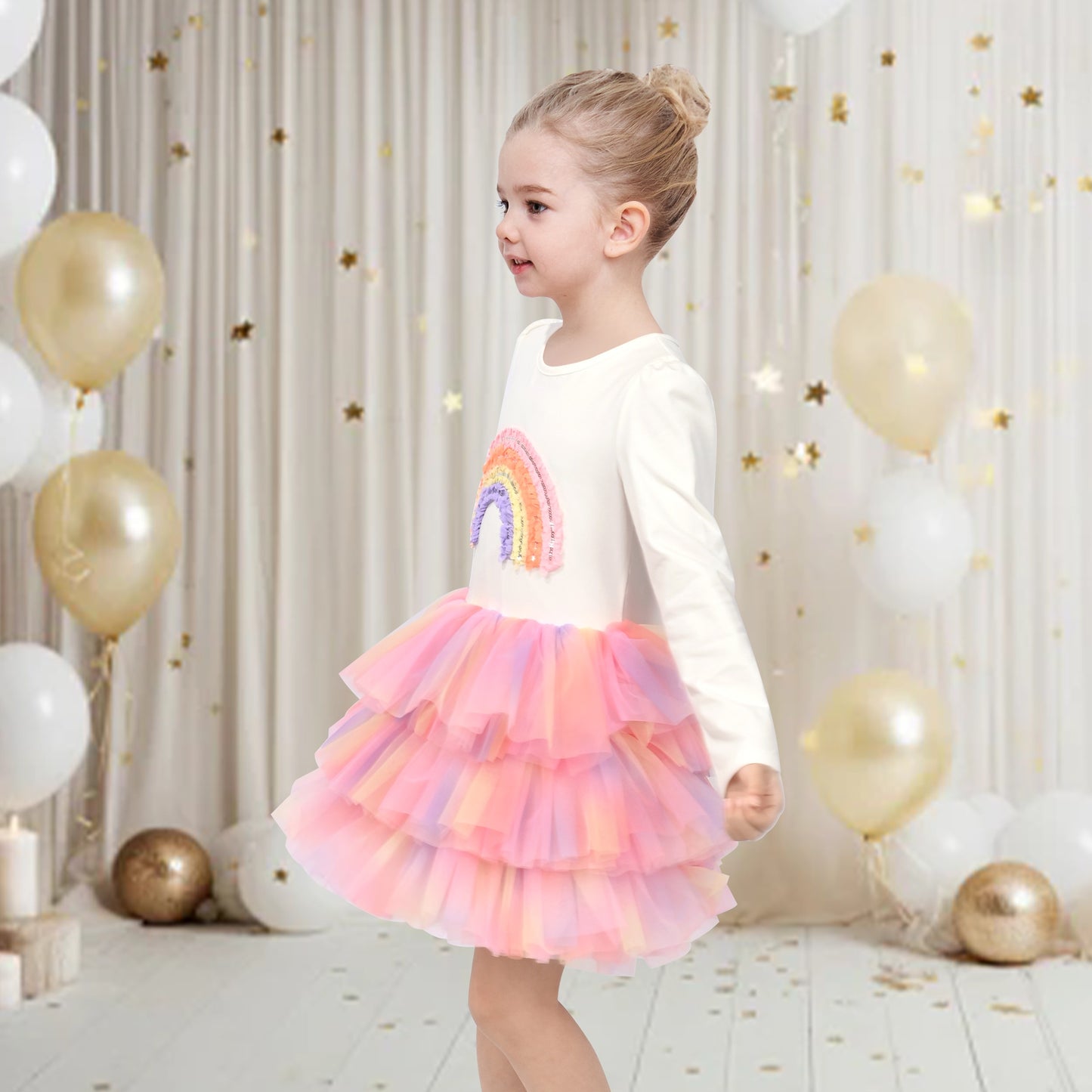 Girls Dress Sequin Stripe Ruffle Fairy Rainbow Colorful Long Sleeve Multi-Color