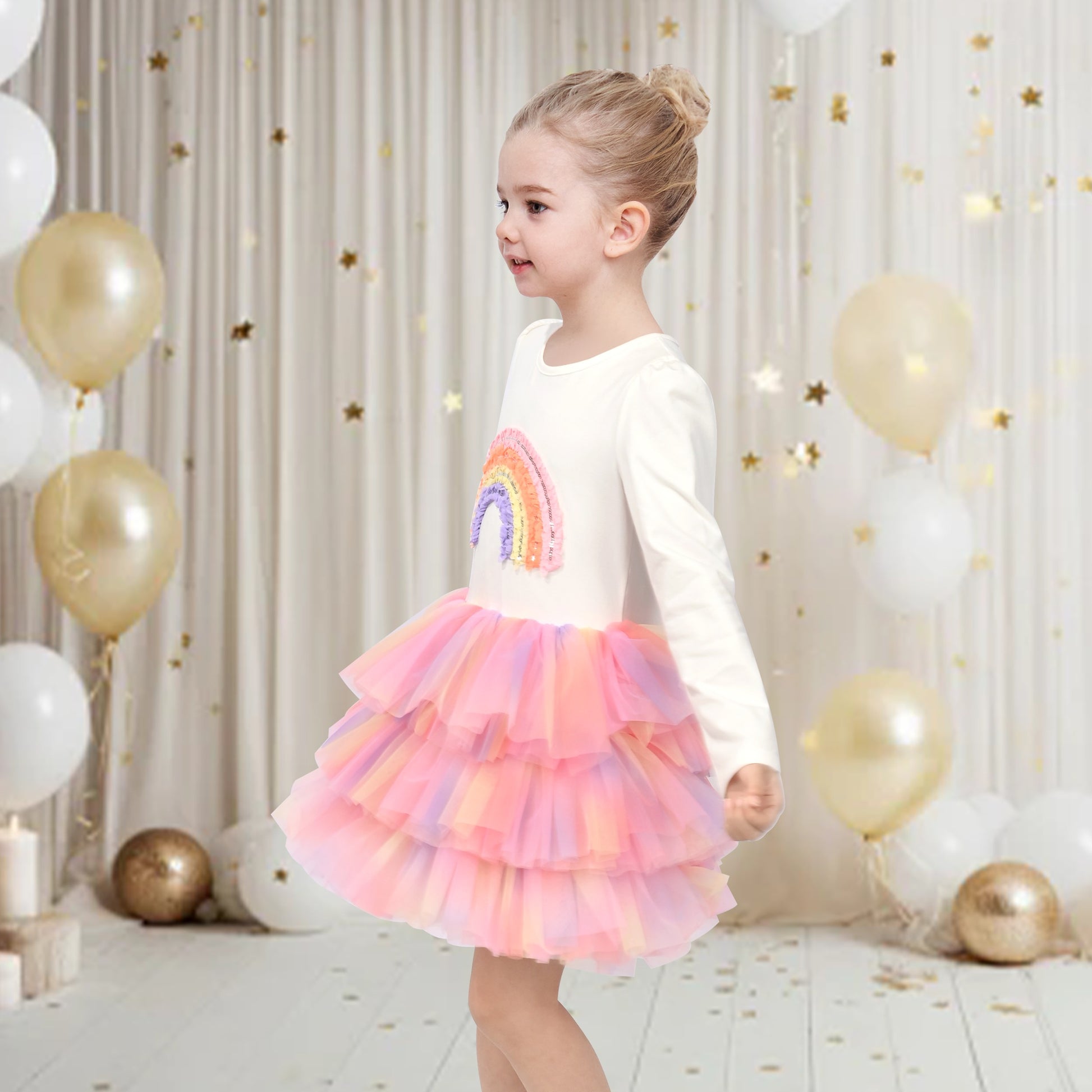 Girls Dress Sequin Stripe Ruffle Fairy Rainbow Colorful Long Sleeve Multi-Color