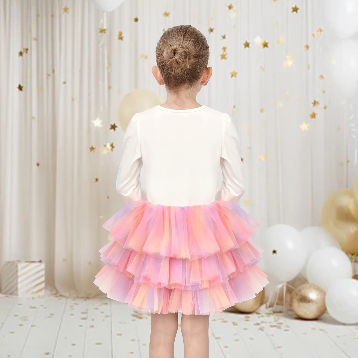 Girls Dress Sequin Stripe Ruffle Fairy Rainbow Colorful Long Sleeve Multi-Color