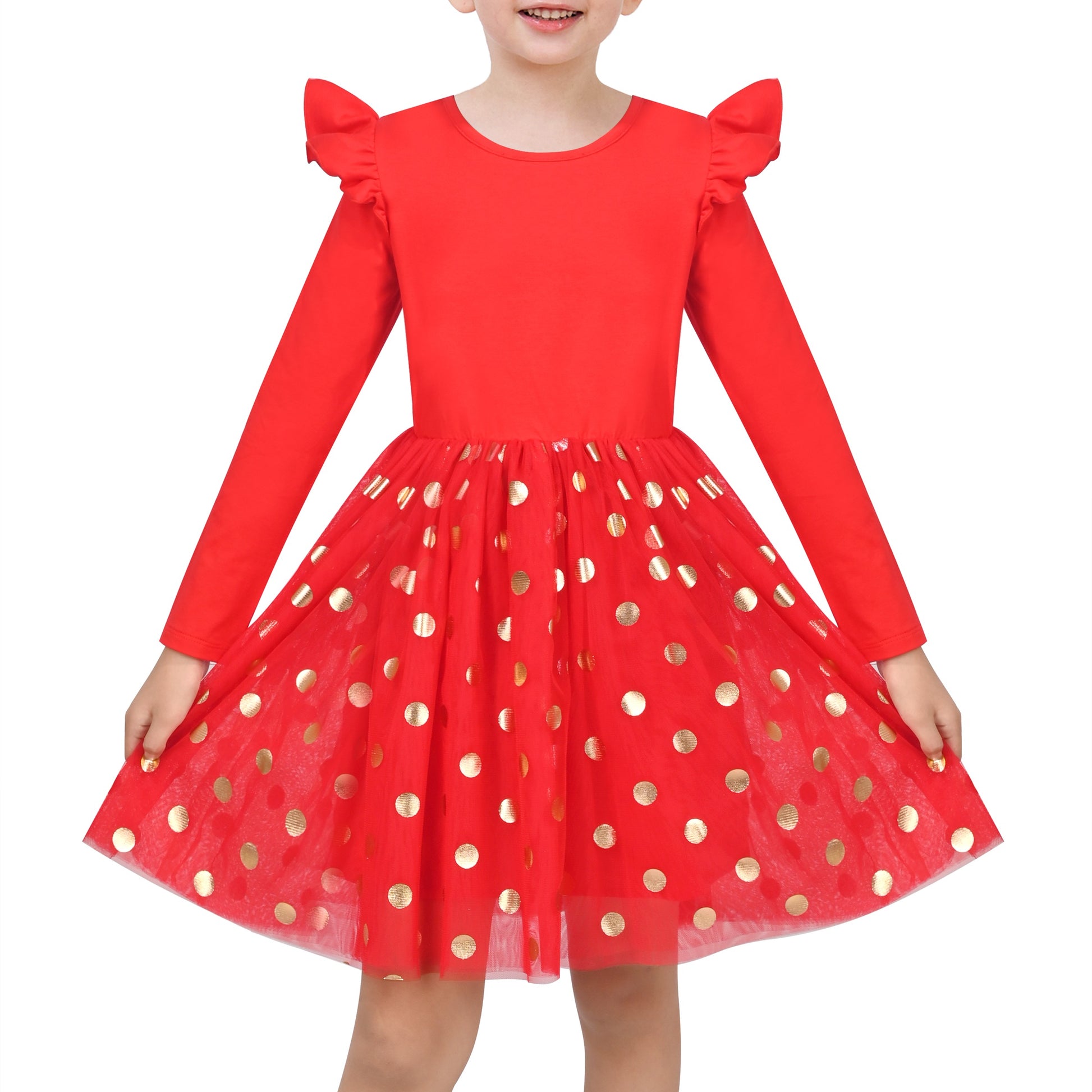 Girls Dress Sequin Stripe Ruffle Fairy Rainbow Colorful Long Sleeve Red