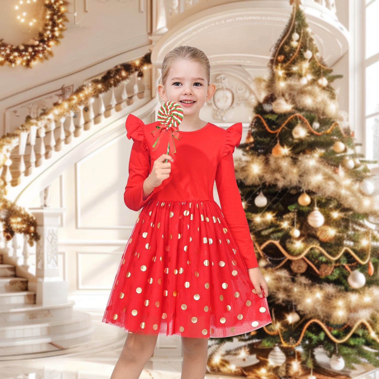 Girls Dress Sequin Stripe Ruffle Fairy Rainbow Colorful Long Sleeve Red