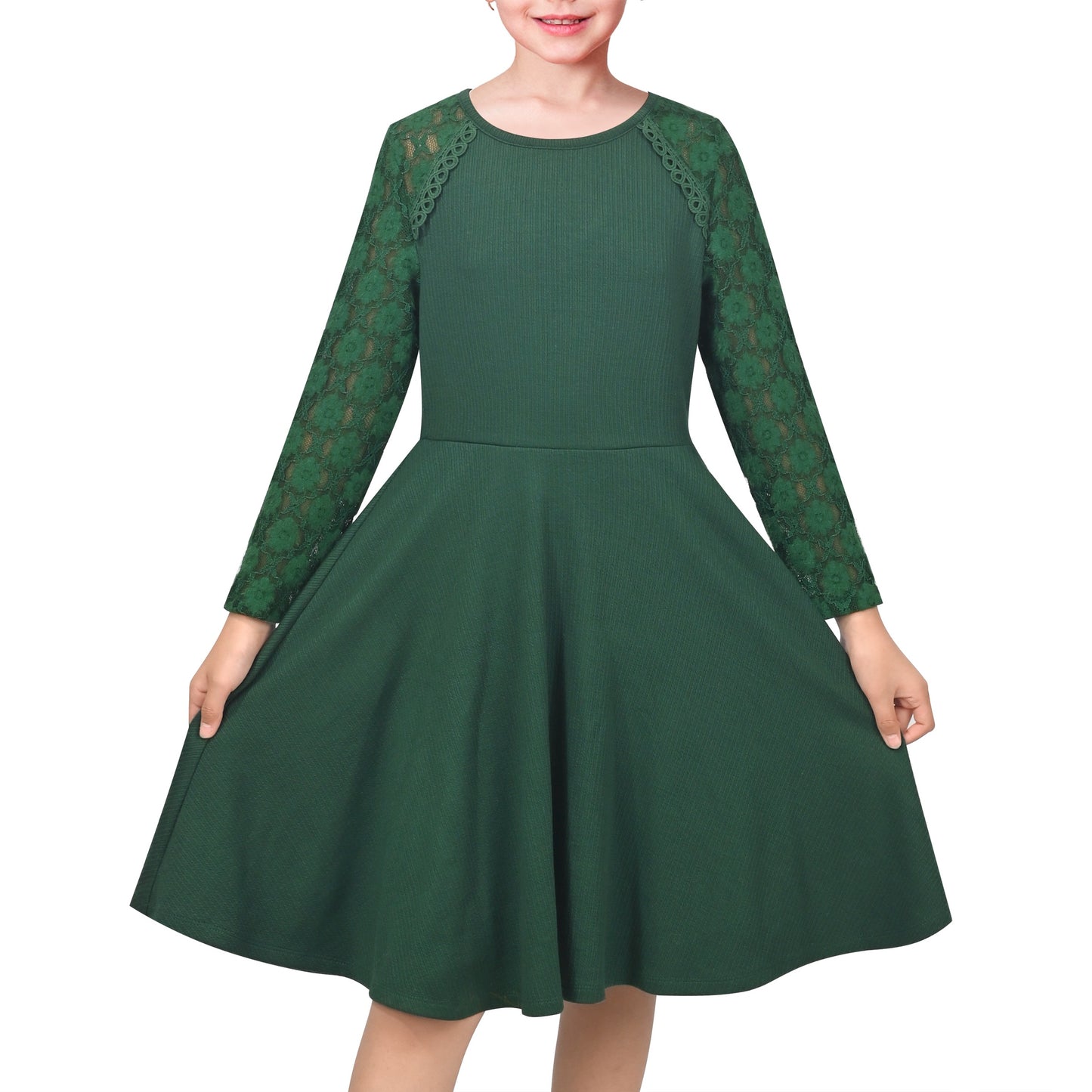 Girls Dress Red Lace Floral Hollow Back Formal Evening Long Sleeve Green