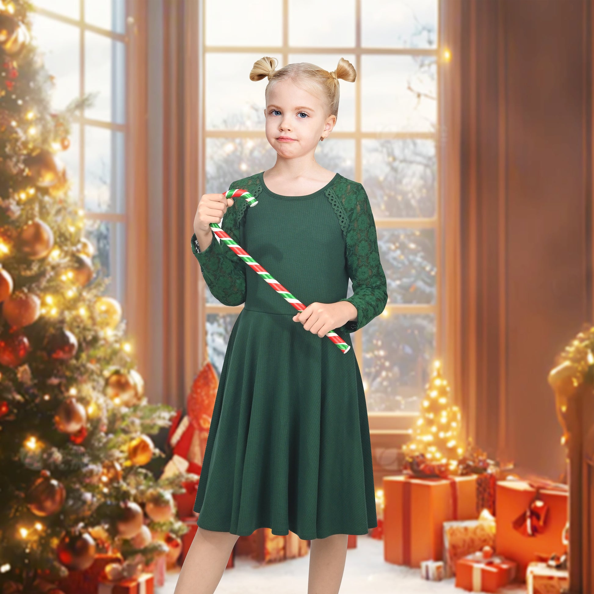 Girls Dress Red Lace Floral Hollow Back Formal Evening Long Sleeve Green