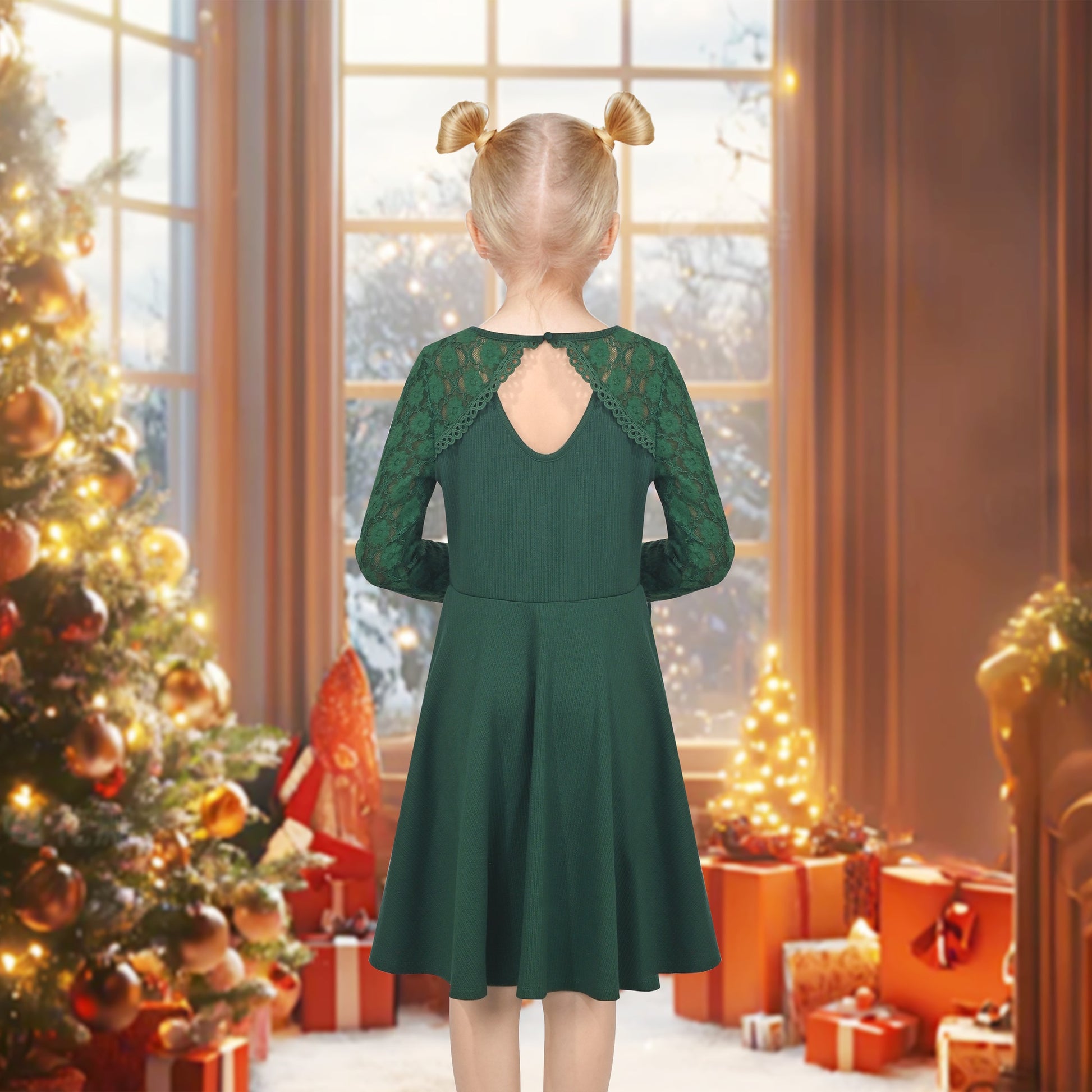 Girls Dress Red Lace Floral Hollow Back Formal Evening Long Sleeve Green