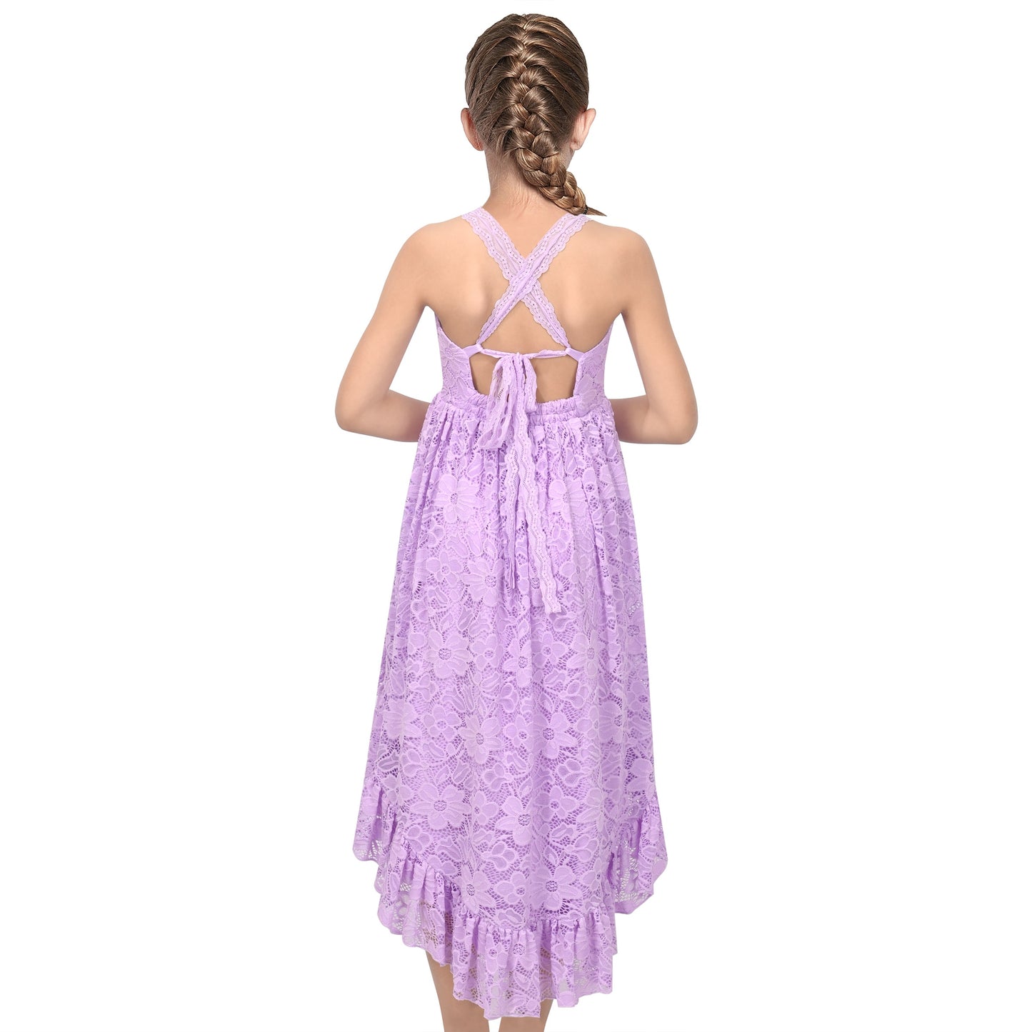 Girls Dress Lilac Lace Floral Hi-lo Strap Summer Holiday Elegant Princess Purple