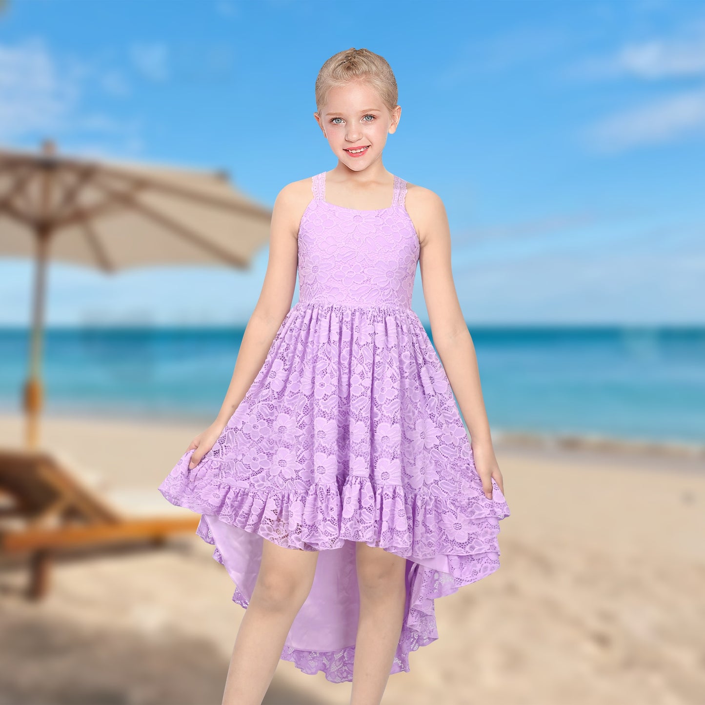 Girls Dress Lilac Lace Floral Hi-lo Strap Summer Holiday Elegant Princess Purple