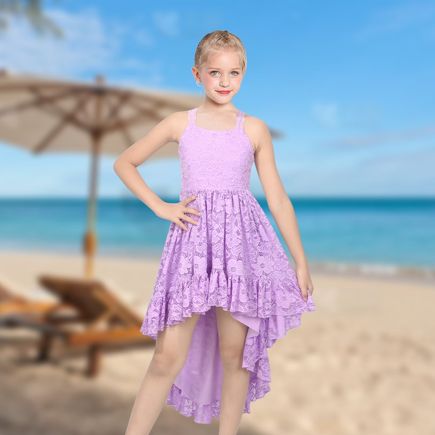 Girls Dress Lilac Lace Floral Hi-lo Strap Summer Holiday Elegant Princess Purple