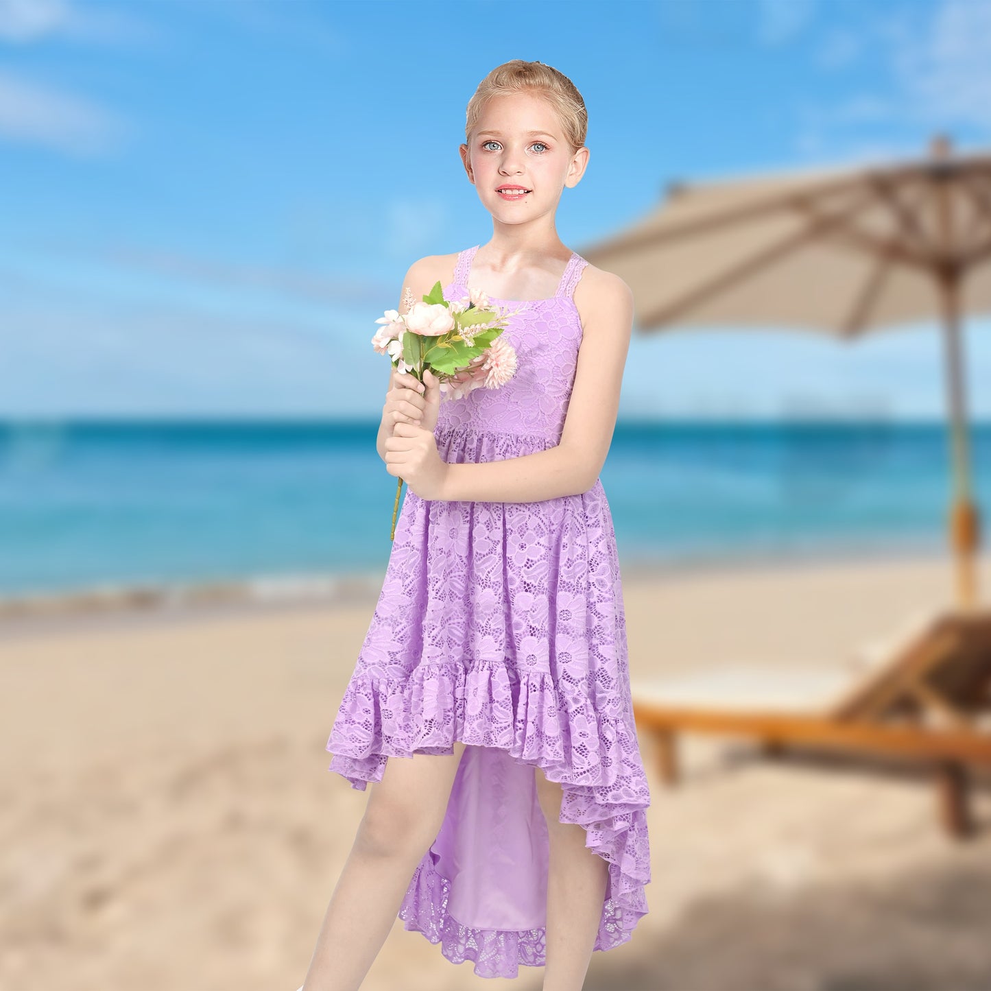 Girls Dress Lilac Lace Floral Hi-lo Strap Summer Holiday Elegant Princess Purple