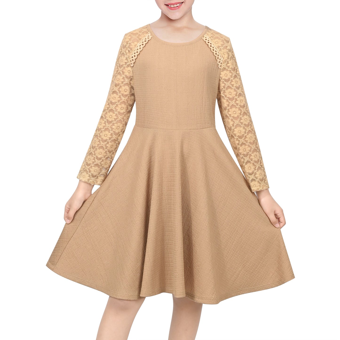Girls Dress Red Lace Floral Hollow Back Formal Evening Long Sleeve Brown