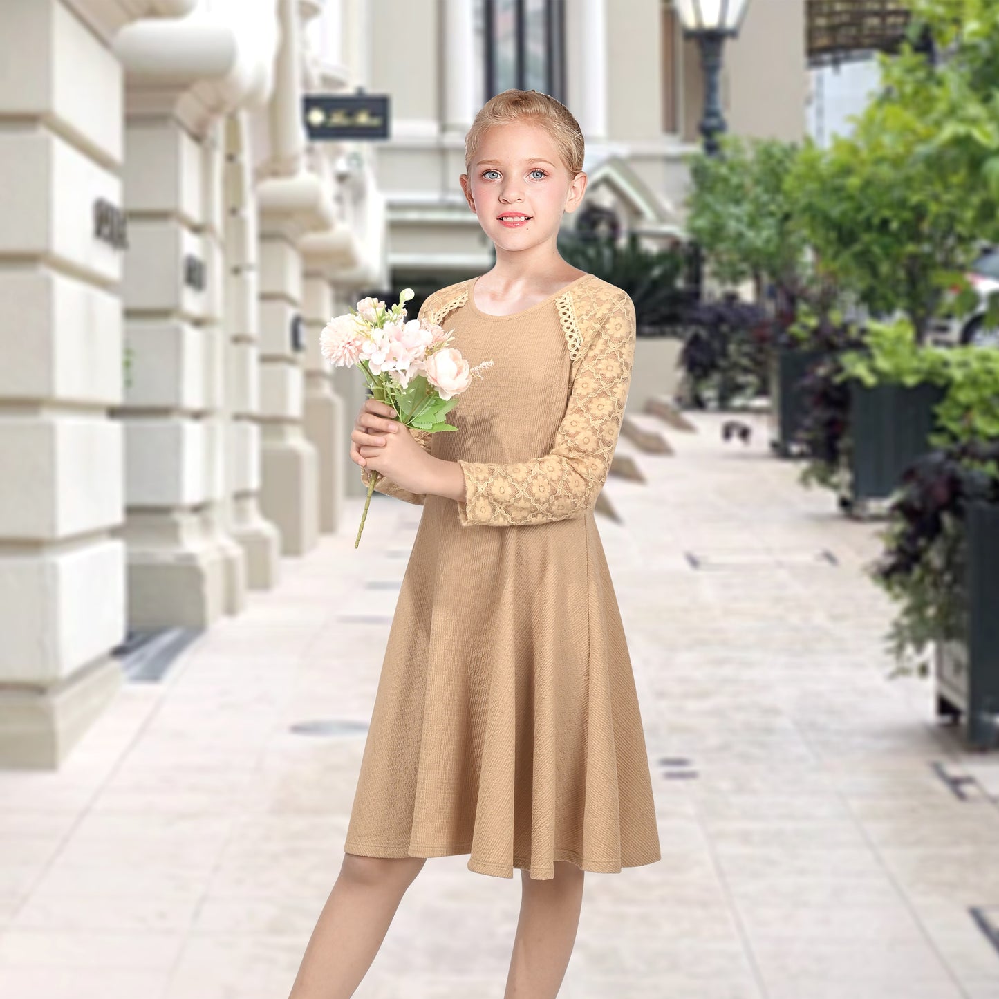 Girls Dress Red Lace Floral Hollow Back Formal Evening Long Sleeve Brown