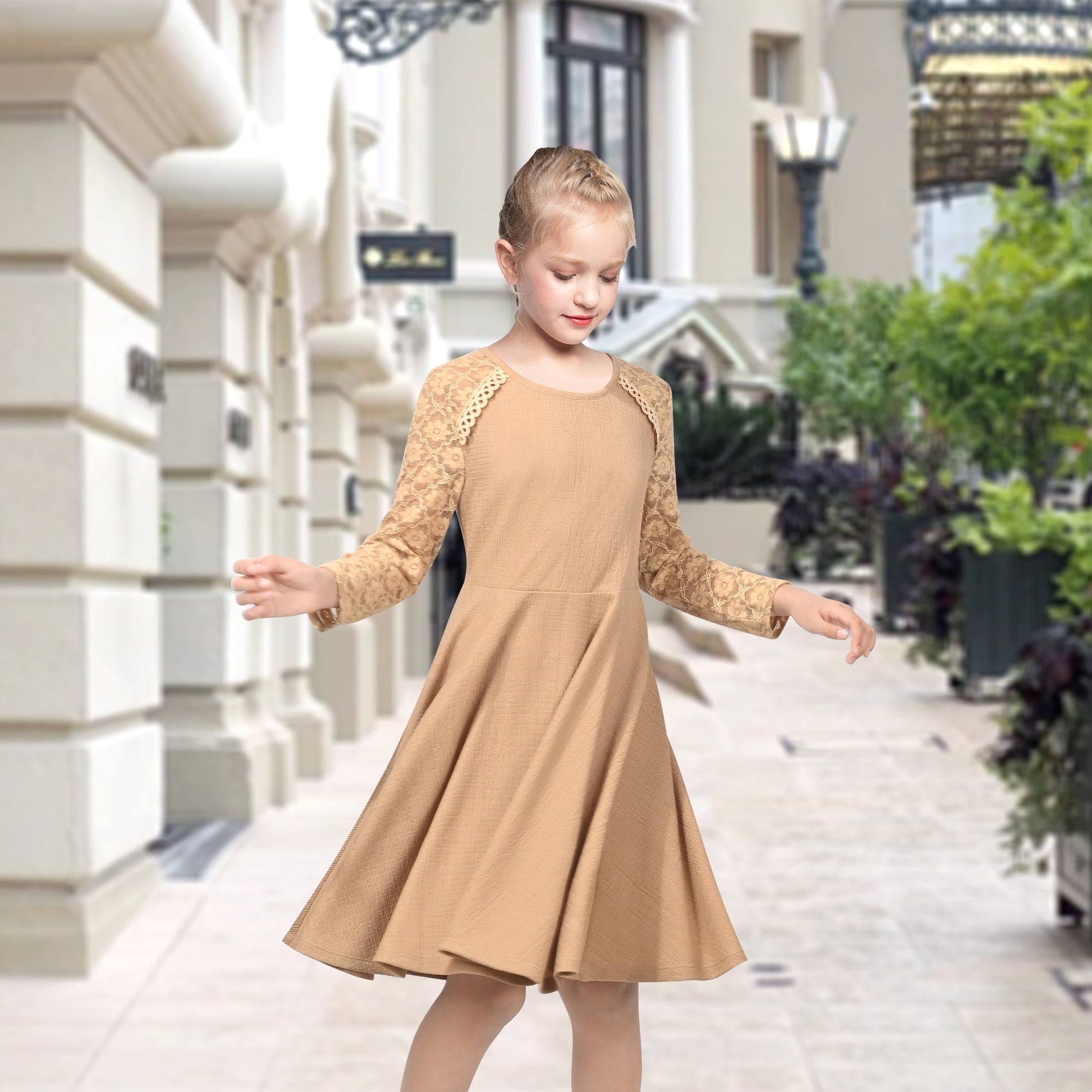 Girls Dress Red Lace Floral Hollow Back Formal Evening Long Sleeve Brown