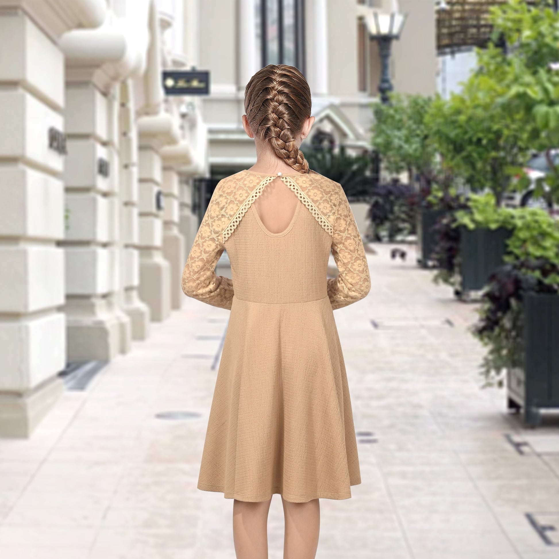 Girls Dress Red Lace Floral Hollow Back Formal Evening Long Sleeve Brown